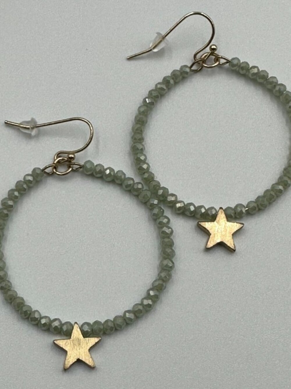 3/$30 Green Beaded Hoop Earrings Star Charms Gold Tone Dangle Drop 1.5 Inch